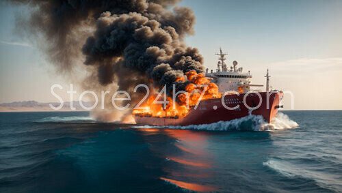 Fiery Shipwreck at Sea Dusk