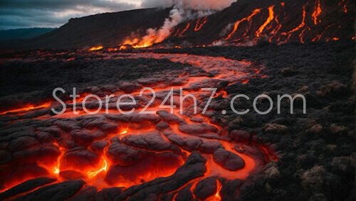 Twilight Ignites Volcanic Lava Flow