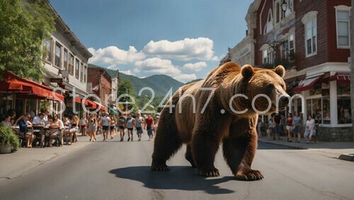 Bear Roaming Downtown Street Scene