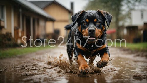 Rottweiler Puddle Play in Rain