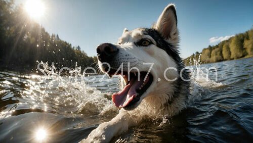 Husky Splashing Through River Light
