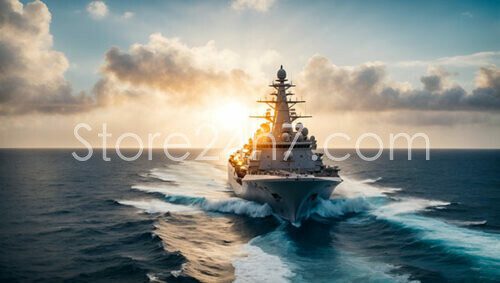 Majestic Warship Sailing Sunset Seas