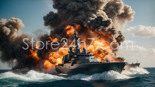 Naval Warship Explosive Maneuver At Sea