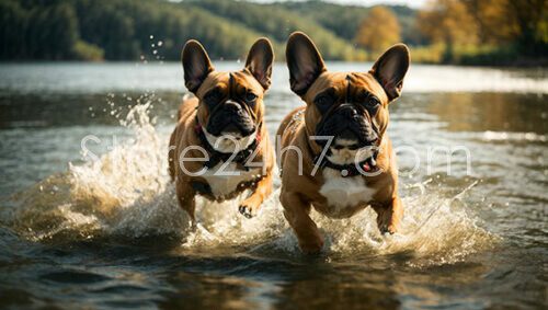 French Bulldogs Frolicking in Water