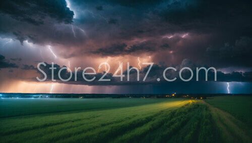 Rural Field Lightning Storm Panorama