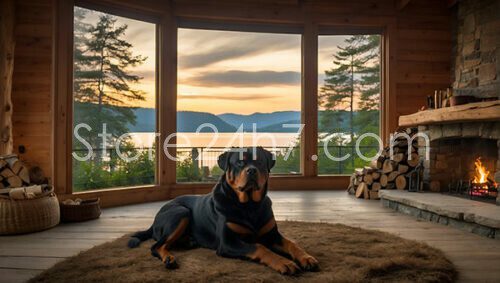 Rottweiler Enjoys Lakeside Cabin Sunset