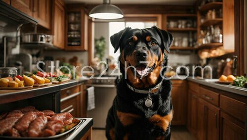 Rottweiler Awaits Treat in Kitchen