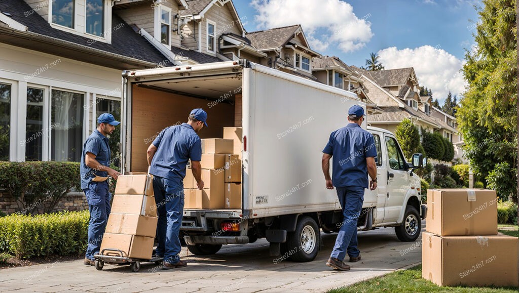 Home Loading Image Movers Loading Truck at Suburban Home: AI-Image for Sale