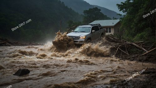 Vehicle Battles Raging Mudslide Deluge