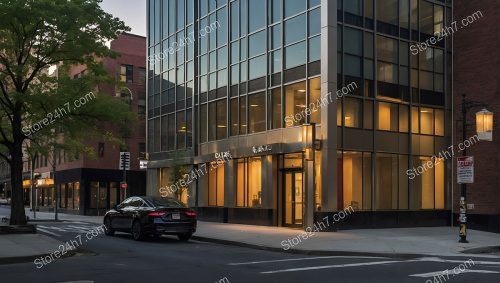 Elegant Glass Office Building Evening