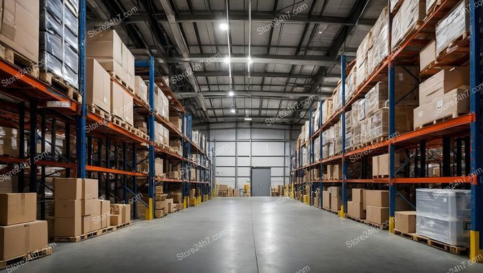 Expansive Industrial Warehouse Aisle View