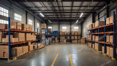 Bright Warehouse Interior with Orange Racks
