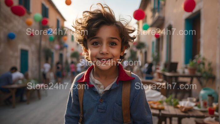 Boy Smiling at Colorful Street Festival