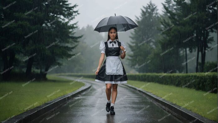 Maid Outfit Girl Walking Rain