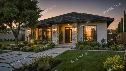 Charming Single Family Home at Twilight with Lush Garden