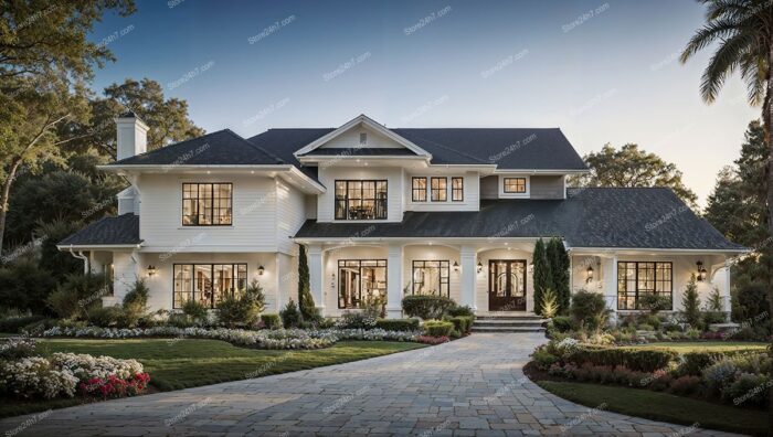 Elegant White Home Manicured Garden Path