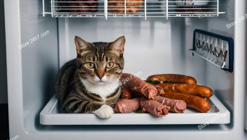 Tabby Cat Amidst Refrigerator Meats