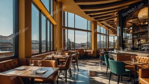 Sunlit Panoramic View City Restaurant