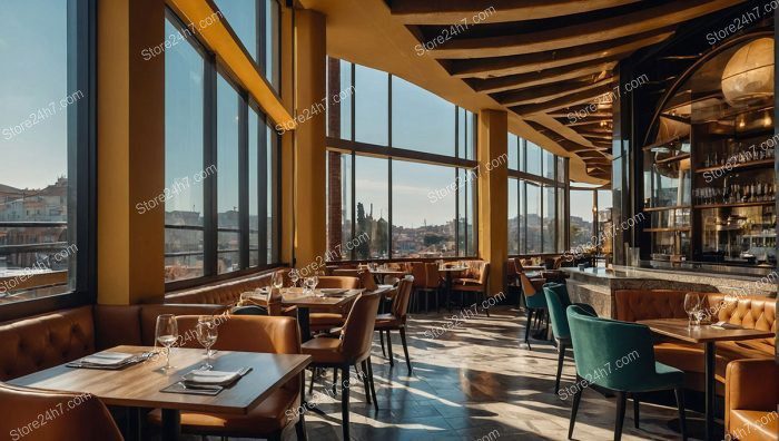 Sunlit Panoramic View City Restaurant