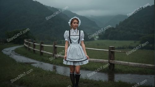 Maiden in Traditional Attire Rainy Backdrop