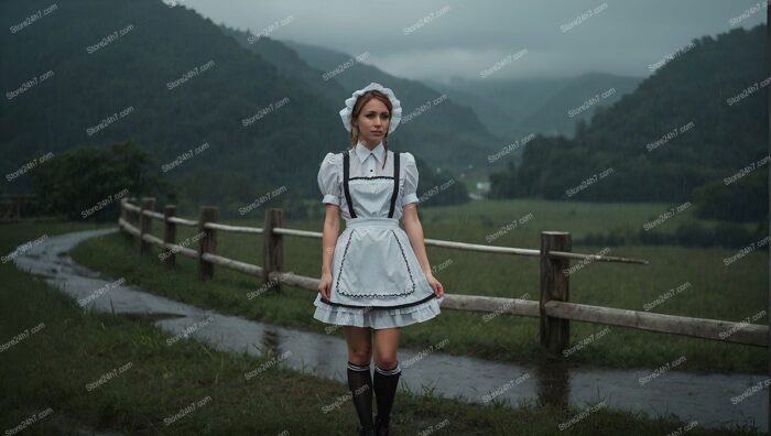 Maiden in Traditional Attire Rainy Backdrop