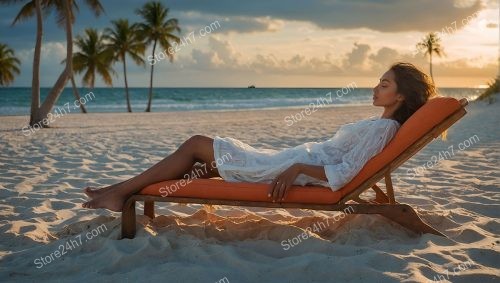 Serene Beach Sunset Woman Relaxing