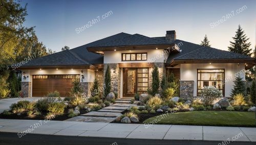 Modern Stone Accented Home Dusk