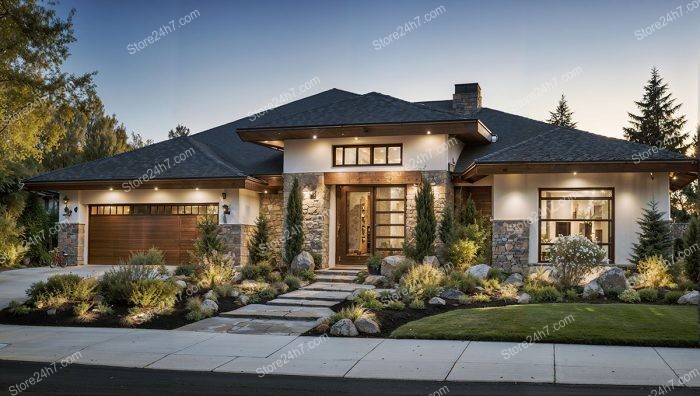 Modern Stone Accented Home Dusk