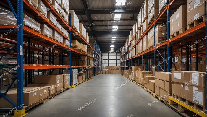Industrial Warehouse Aisle with Pallets
