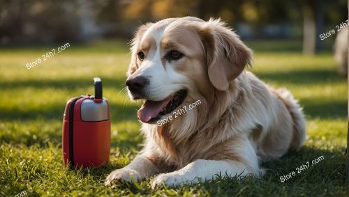 Golden Retriever with Red Suitcase Outdoors