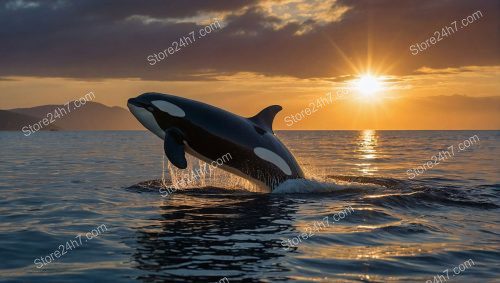 Sunset Orca Soaring Above Waves