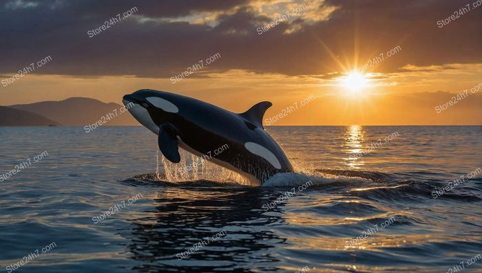 Sunset Orca Soaring Above Waves