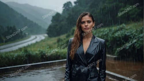Woman in Rain on Mountain Road