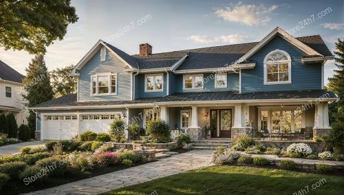 Elegant Blue Two-Story Home with Beautiful Garden