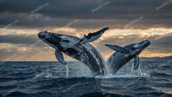 Dual Whale Breach Stormy Sea