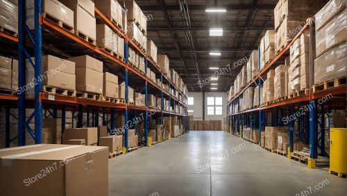 Spacious Warehouse Interior Stacked Shelves