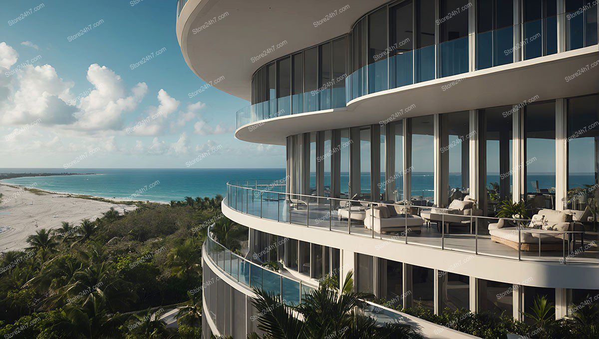 View of Elegant Beachfront Condo Curved Balconies | Image 4080 x 2304 px