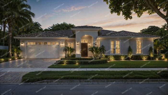 Elegant Florida Home Illuminated Under Evening Sky