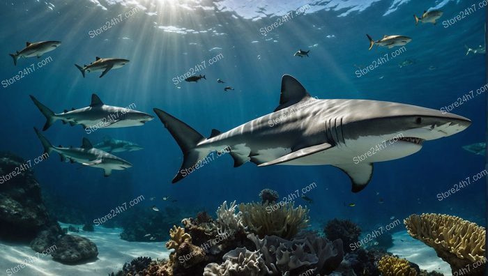 Sharks Cruising Sunlit Coral Seascape