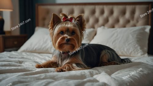 Yorkshire Terrier on Plush White Bed