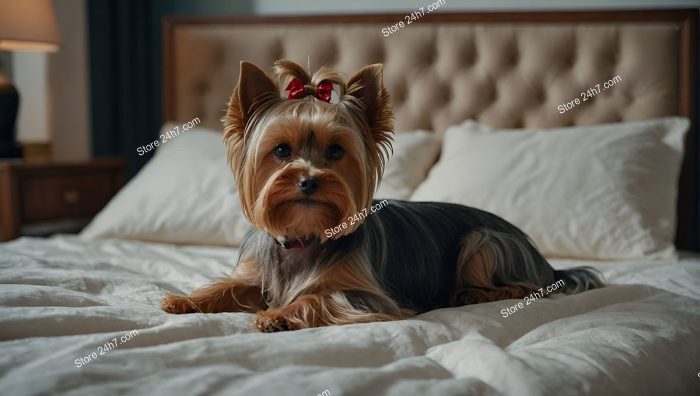 Yorkshire Terrier on Plush White Bed