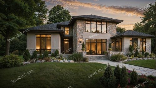 Modern Stone House at Sunset Elegance