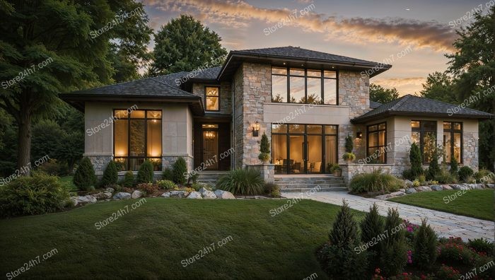 Modern Stone House at Sunset Elegance