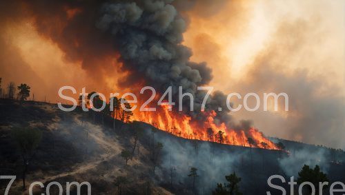 Fiery Hillside Eruption Amidst Pine Trees
