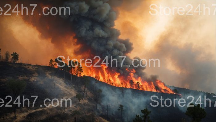 Fiery Hillside Eruption Amidst Pine Trees