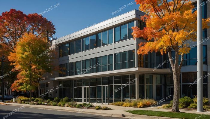 Sleek Office Building Autumn Foliage