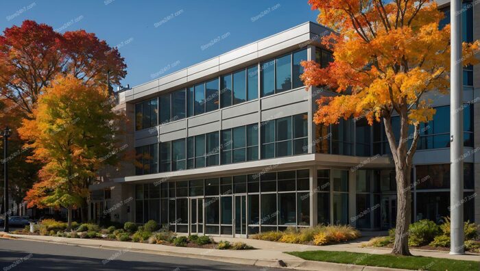 Sleek Office Building Autumn Foliage