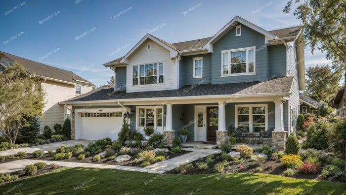 Stylish Blue Home with Pristine Landscaping