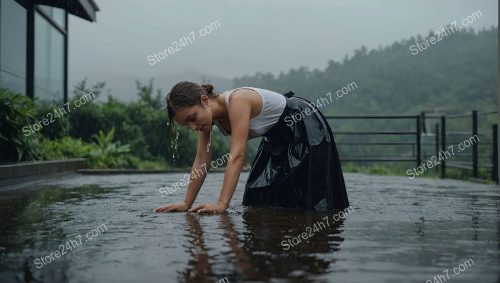 Woman Contemplating in Pouring Rain