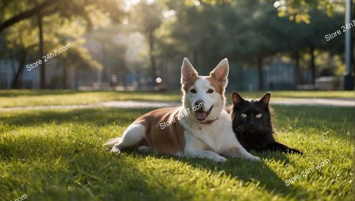 Dog and Cat Lying Together Outdoors